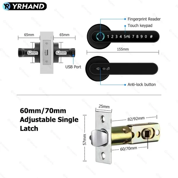 YRHAND Tuya BLE Biometric Handle Smart Fingerprint Lock With IC Card Password Mechanical Key Unlock For Single Handle for Home - Image 6