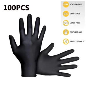 100pcs Black Nitrile Disposable Exam Gloves Latex Free for Medical Surgical Non-Sterile Cleaning Food Prep Cooking Tattoo