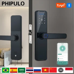 PHIPULO Tuya Electronic Smart Door Lock With Biometric Fingerprint / Smart Card / Password / Key Unlock/ USB Emergency Charge