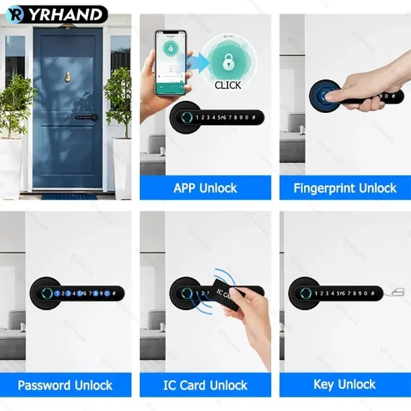 YRHAND Tuya BLE Biometric Handle Smart Fingerprint Lock With IC Card Password Mechanical Key Unlock For Single Handle for Home - Image 3