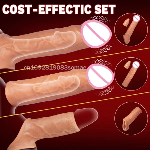 Vibrator for Men Penis Enlargement Sleeve Set Delay Ejaculation Cock Extension Cover Silicone Condom Penis Ring Sex Toys for Men