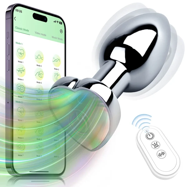 Remote Vibrating Heart-Shaped App Control Man and Woman Metal Anal Plug Adult Luminous Electric Anal Dildo Couple Intimate Toys