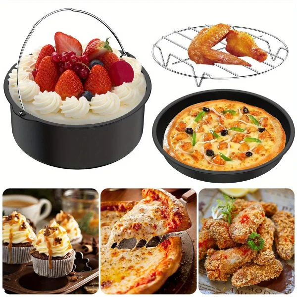 3pcs Air Fryer Accessories 6/8in Carbon Steel Nonstick Multifunction Cake Basket Pizza Pan with Rack for 3QT Air Fryer or Larger