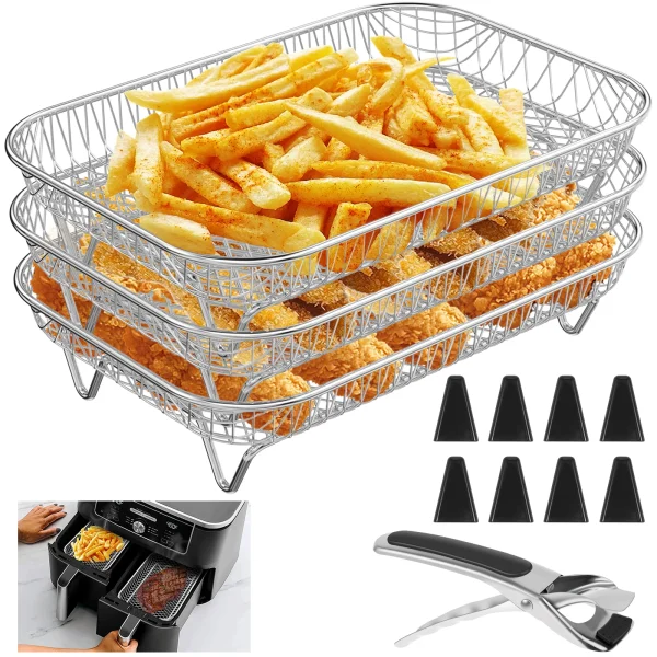 Air Fryer Rack for Ninja Dual Basket, 3 Layers, 304 Stainless Steel Stacking Bacon Racks Accessories for Ninja Double Drawer