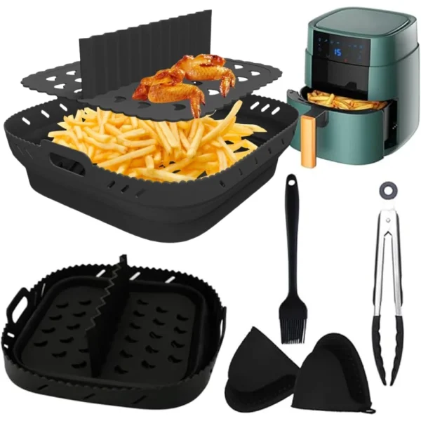 5pcs/set Air Fryer Silicone Liners 8inch Square Reusable Heat Resistant Food Clip Oil Brush Perfect Air Fryer Kit Gift for Lover