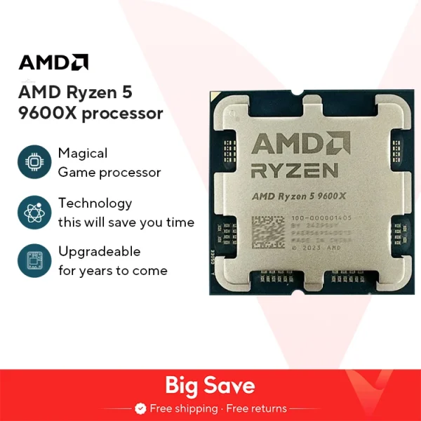 AMD Ryzen 5 9600X Processor 5.4GHz 6-Core 12-Thread 38MB Game Cache 4NM TDP 65W Socket AM5 Gaming CPU Zen 5 Integrated Graphics