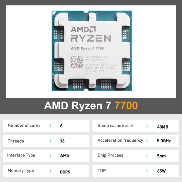 AMD Ryzen 7 7700 R7 7700 7000 Series 5.3GHz 8-Core 16-Thread L3=32MB 5NM DDR5 CPU Integrated Graphics Socket AM5 New but no fan - Image 2