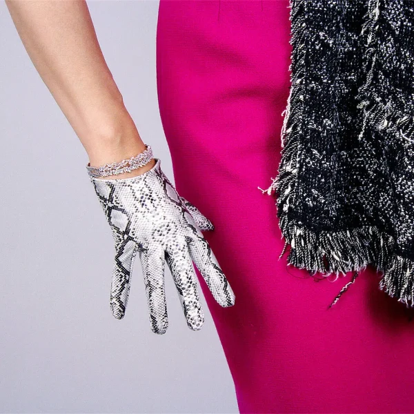 LATEX GLOVES Short Shine Leather PU 8" 21cm Animal Print Snake Snakeskin Silver Python LLDLLNT - Image 3