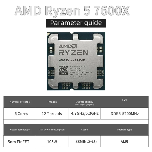 AMD Ryzen 5 7600X CPU 6-Core 12-thread Desktop Computer Ryzen 5 7600X Processor 100-000000593 5.3Ghz L3=32MB Authentic Brand NEW - Image 2