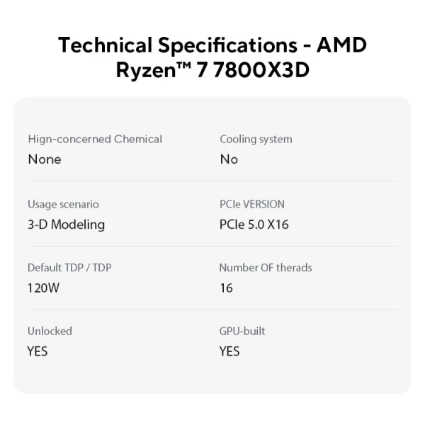 AMD Ryzen 7 7800X3D R7 7800X3D 5.0 GHz 8-Core 16-Thread CPU 5NM 96M 100-100000910 Socket AM5 New Tray Without cooler - Image 5