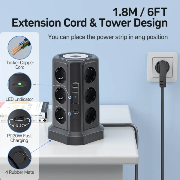 Eu Black Multi-socket surge Protector 4000W 16A with USB port, multi-plug with night light, with 1.8M black extension cable - Image 2