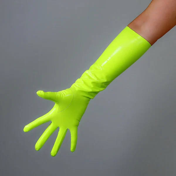 Lime Fluorescent Yellow GLOVES LATEX Like Rubber Faux Leather 2nd Skin Extra Thin 40cm Elbow Long FITTED Evening Opera Cosplay - Image 5