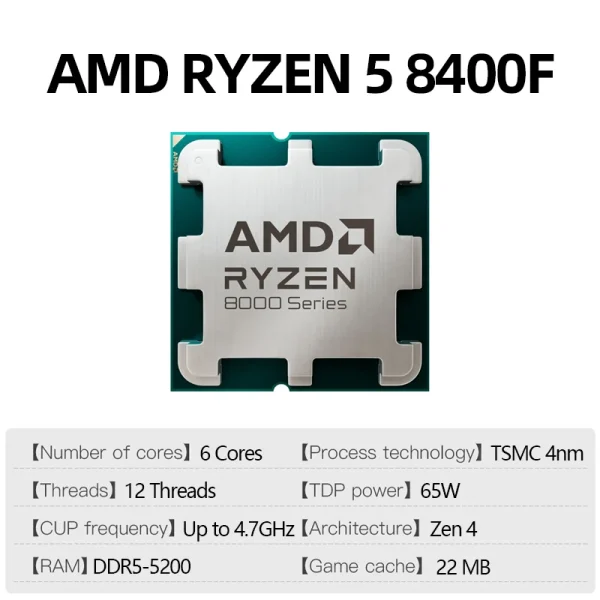 AMD Ryzen 5 8400F Brand New CPU 4.7GHz 6-Core 12-Thread 22MB Cache 4NM TDP 65W Socket AM5 Processor Without Package - Image 2