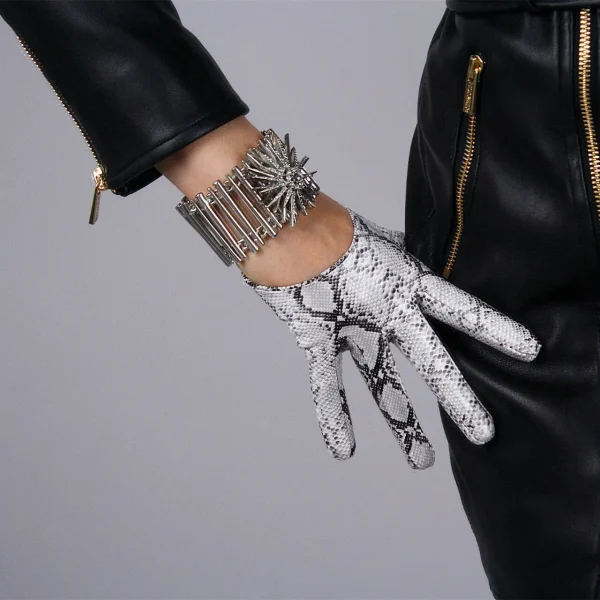 LATEX GLOVES Short Shine Leather PU 8" 21cm Animal Print Snake Snakeskin Silver Python LLDLLNT - Image 4